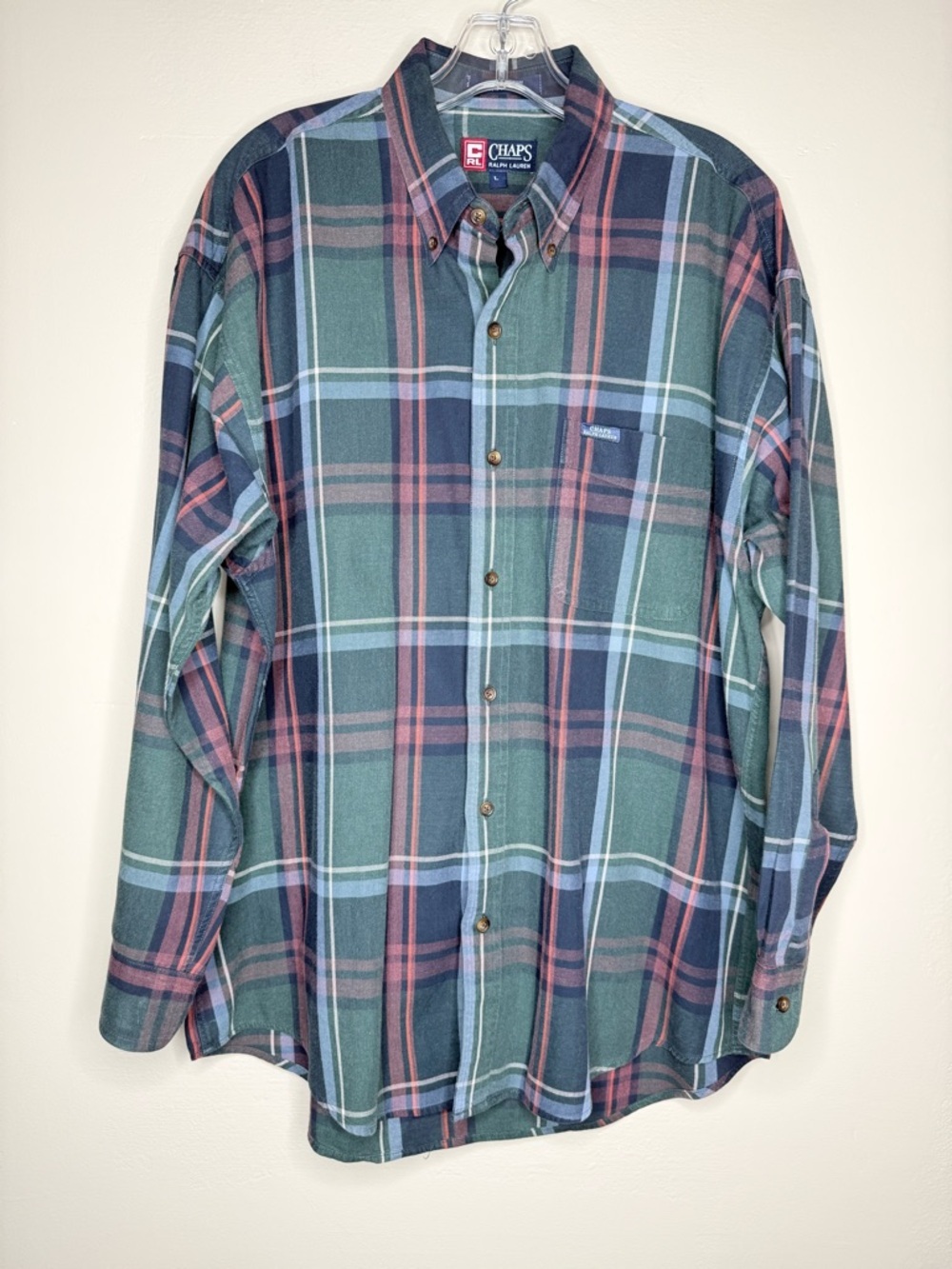 Chaps Ralph Lauren Green Plaid Button Down Shirt Long Sleeve Size Large